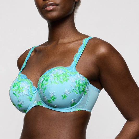 Primadonna CALA LUNA padded balcony bra in Ice Dream featuring vibrant blue color and floral embroidery.