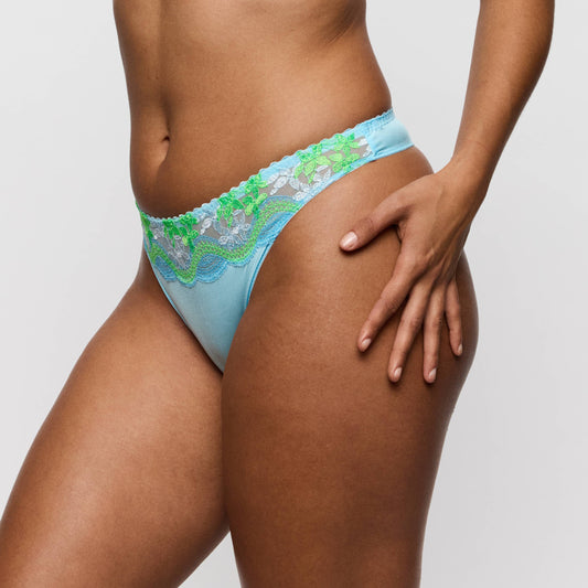 Primadonna CALA LUNA thong in Ice Dream, featuring a vibrant blue design with intricate floral details.