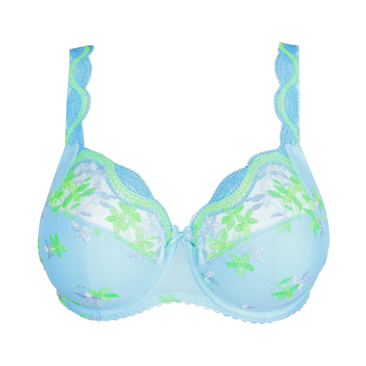 Primadonna CALA LUNA full cup bra in Ice Dream featuring vibrant blue and green floral embroidery.