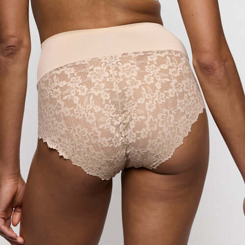 Marie Jo Soft Studio Full Briefs Smoothing in Caffe Latte showcasing lace detail and high-waist design for comfort.