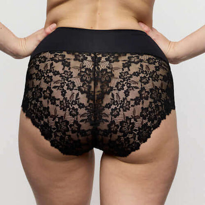 Marie Jo smoothing briefs 3 pack in black showcasing the lace detail and high-waisted design from the back.