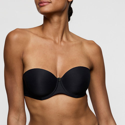 Marie Jo Tom Padded Bra Strapless in Charcoal displayed on a model, showcasing seamless design and elegant silhouette.