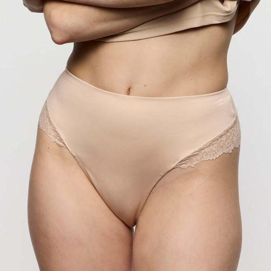 Luxury thong underwear in Caffe Latte color, featuring soft fabric and lace trim for a comfortable fit.