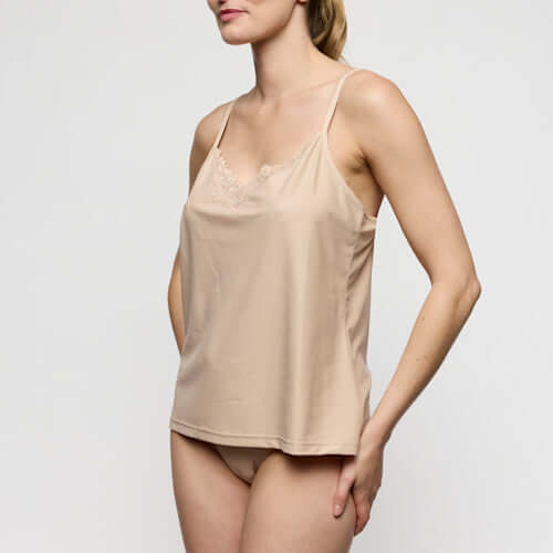 Marie Jo Soft Studio Top without cups with Thin Straps displayed on a model, showcasing comfort and a neutral tone.