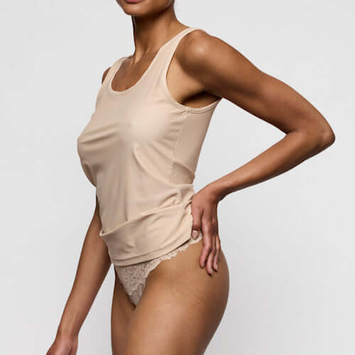 Marie Jo Soft Studio Top without Cups with wider straps in Caffe Latte on model, showcasing softness and comfort.