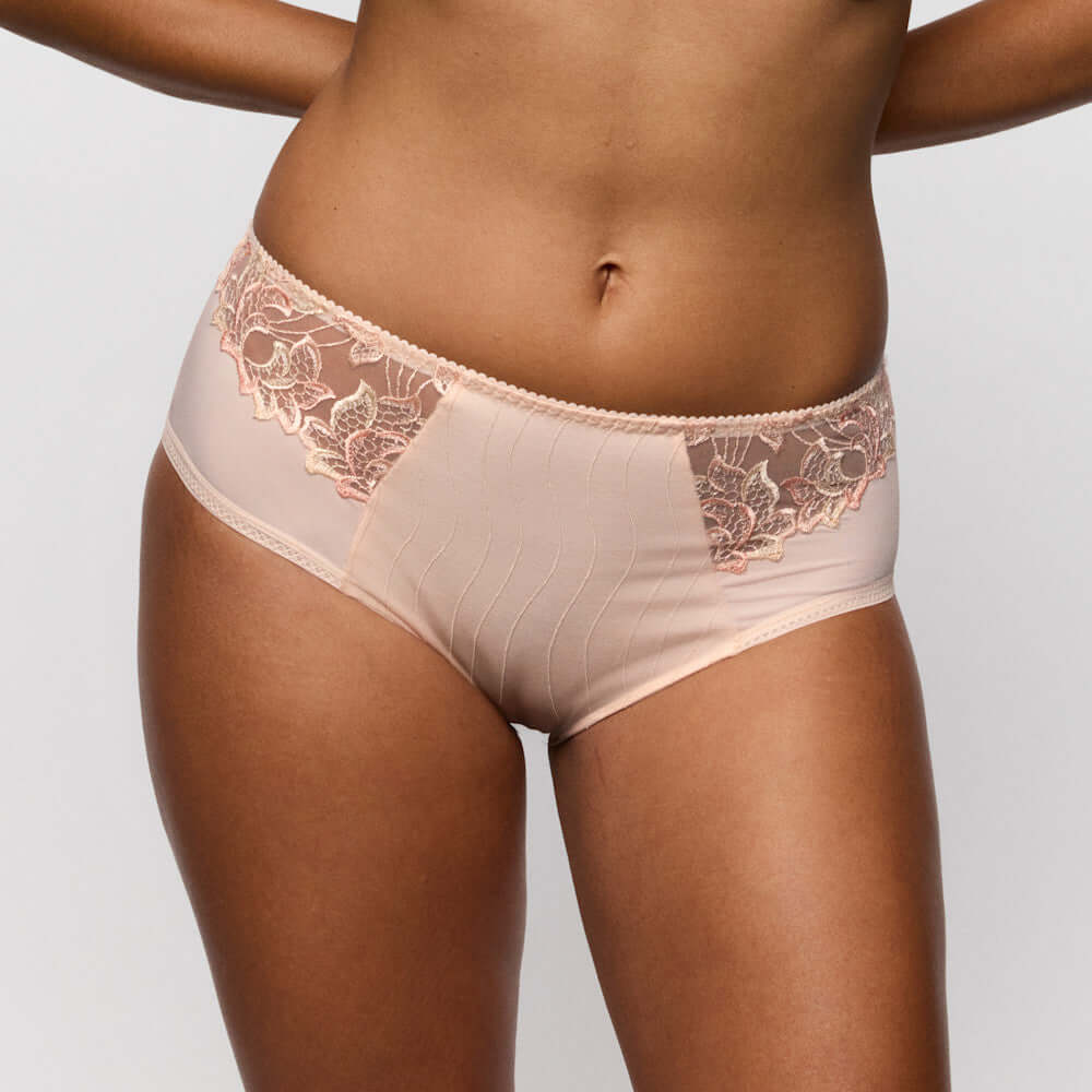 Primadonna Deauville Full Briefs in Venus showcasing high-waist design and floral lace detailing in a warm shade of pink.