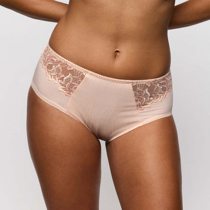 Primadonna Deauville Full Briefs in Venus showcasing high-waist design and floral lace detailing in a warm shade of pink.
