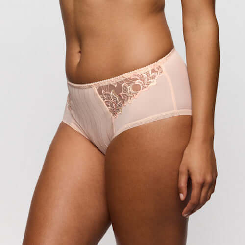 Primadonna Deauville Full Briefs in Venus showcasing a high-waist design with lace detailing in a warm pink shade.