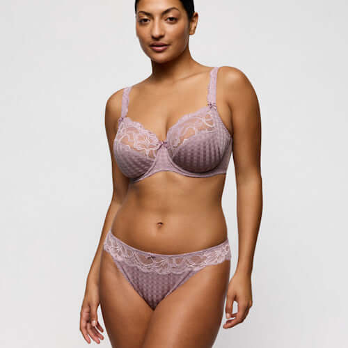 Primadonna Madison Full Cup Wire Bra in Soft Sand worn by a model, featuring elegant design and comfortable fit.