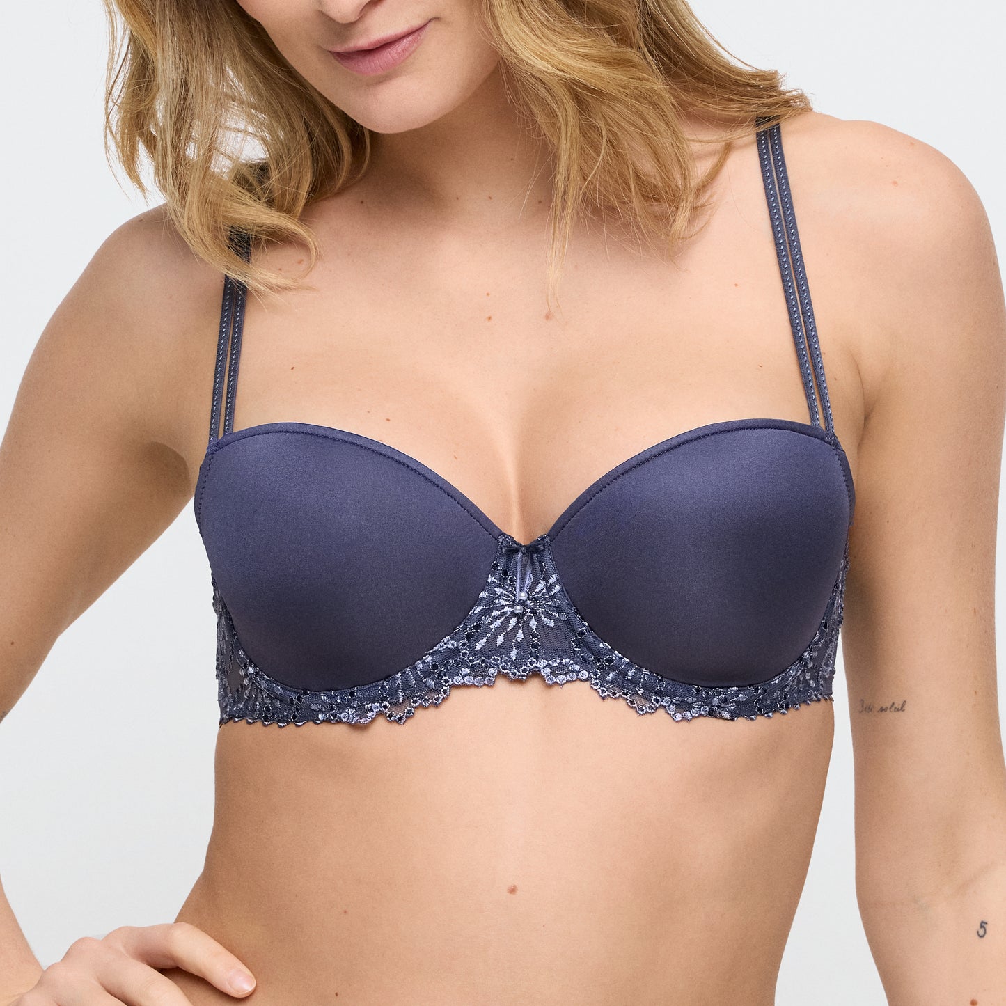 Marie Jo JANE padded balcony bra in blue shadow, featuring elegant padded cups and delicate lace detail.