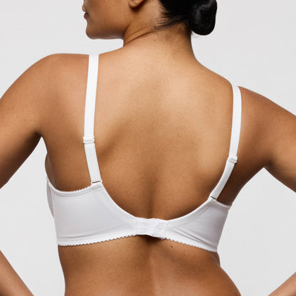 Back view of Primadonna OSINO balcony bra tulip seam in White with delicate straps and lace detailing.