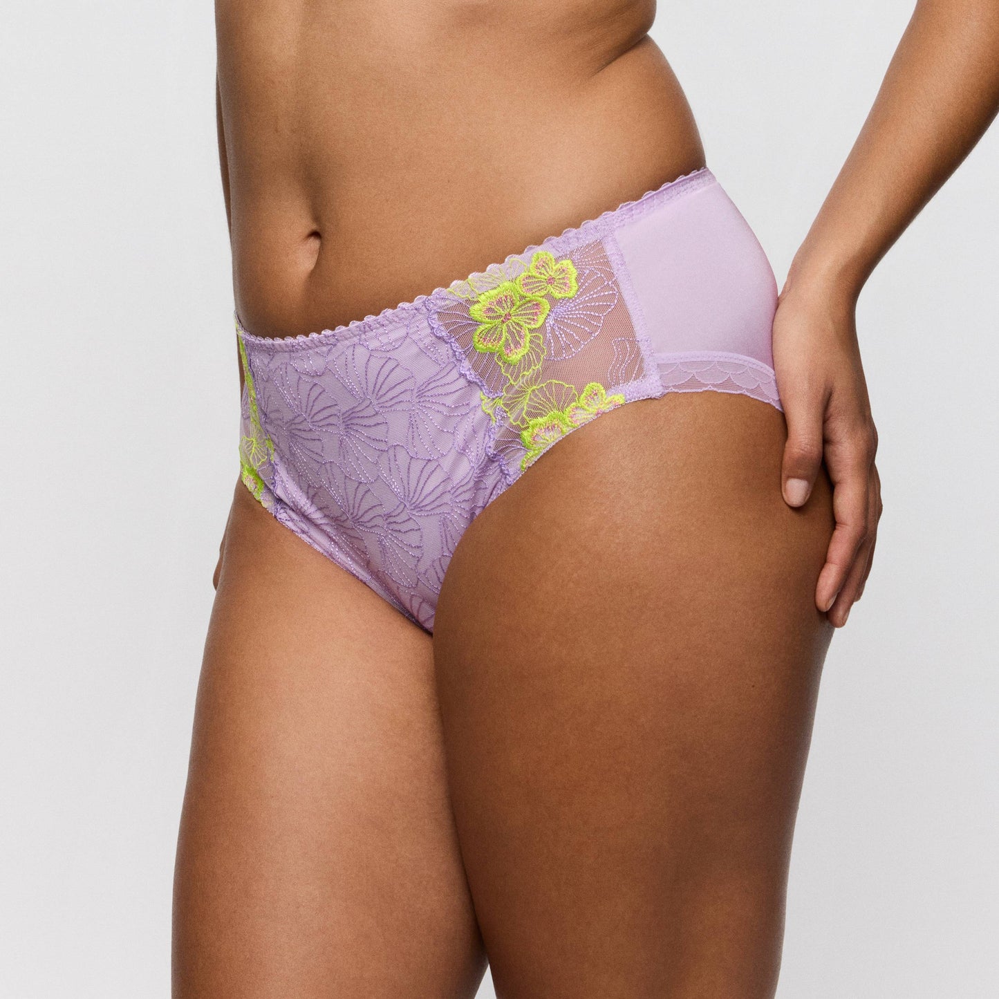 Primadonna IXIA full briefs in Wisteria showcasing a high-waist design with floral lace in lilac and lime.