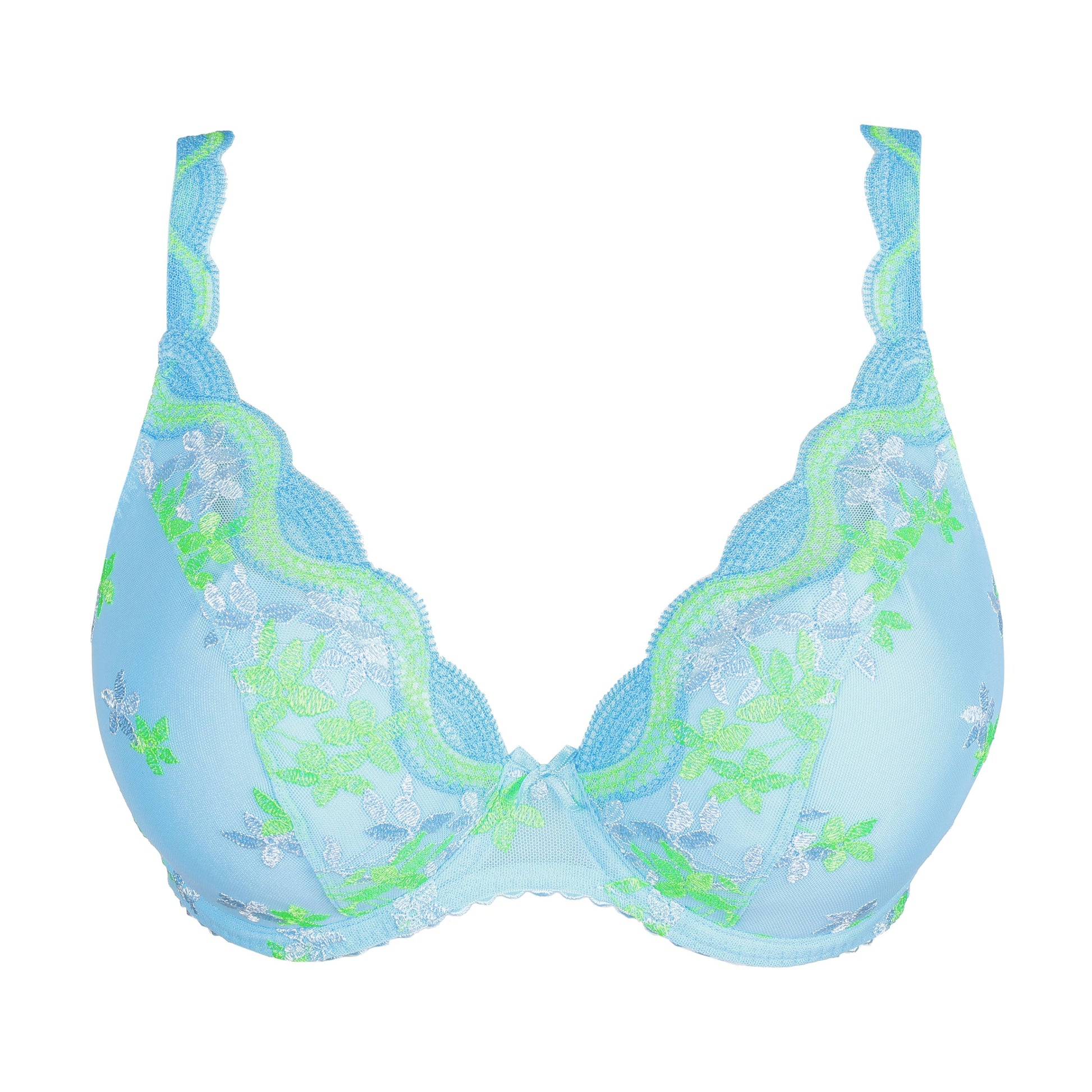 Primadonna CALA LUNA half padded plunge bra in Ice Dream, featuring a vibrant blue color and intricate lace detailing.