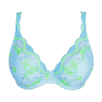 Primadonna CALA LUNA half padded plunge bra in Ice Dream, featuring a vibrant blue color and intricate lace detailing.