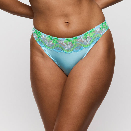 Primadonna CALA LUNA thong in Ice Dream, featuring vibrant blue and floral lace detailing.