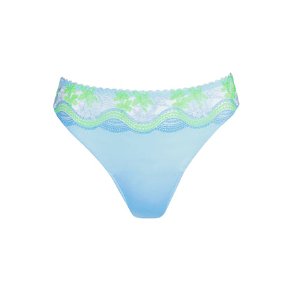 Primadonna CALA LUNA thong in Ice Dream featuring a smooth design in vibrant blue with floral lace trim.