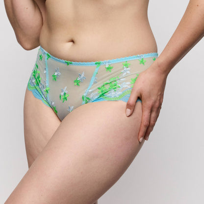 Primadonna CALA LUNA luxury thong in Ice Dream featuring delicate floral embroidery in vibrant blue and green.