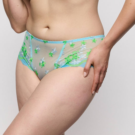 Primadonna CALA LUNA luxury thong in Ice Dream featuring delicate floral embroidery in vibrant blue and green.