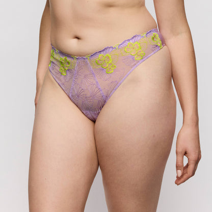 Primadonna IXIA thong in Wisteria, sexy lilac and lime thong with floral embroidery for a streamlined look.