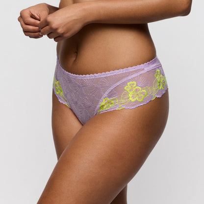 Primadonna IXIA luxury thong in Wisteria featuring intricate lilac and lime floral lace detailing.