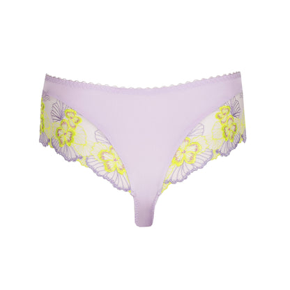 Primadonna IXIA luxury thong in Wisteria featuring lilac and lime floral embroidery.