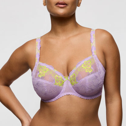 Primadonna IXIA full cup bra in Wisteria featuring lilac and lime floral details on a model.