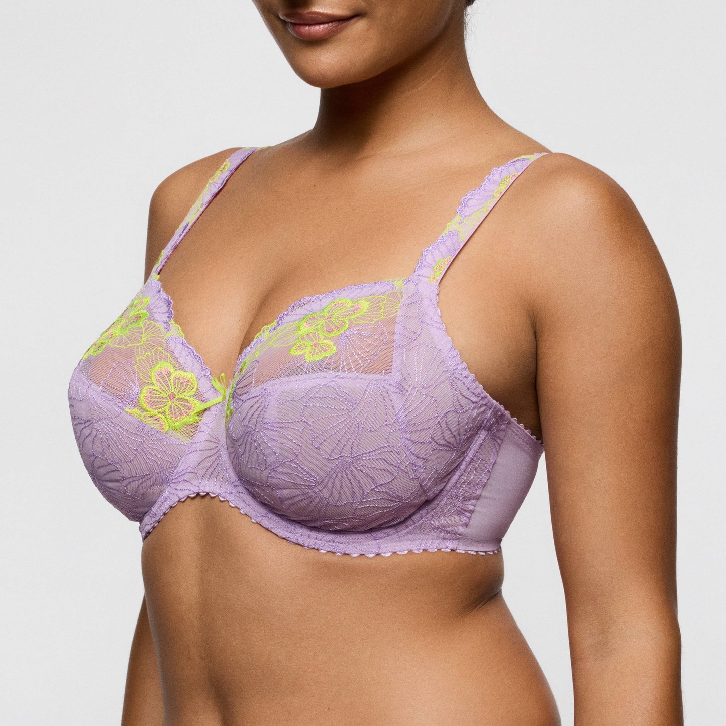 Primadonna IXIA full cup bra in Wisteria with floral design in lilac and lime, showcasing elegant style and fit.