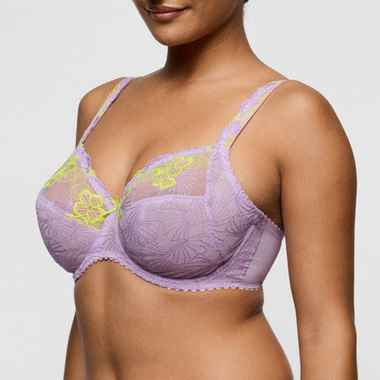 Primadonna IXIA full cup bra in Wisteria with floral design in lilac and lime, showcasing elegant style and fit.